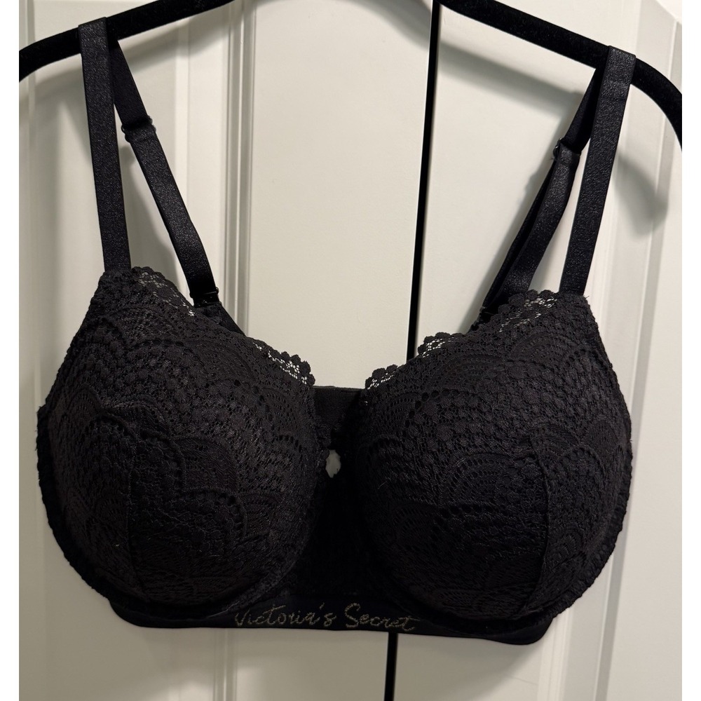 Victoria's Secret Logo Lace Padded Bra Black Push-Up 38DDD
